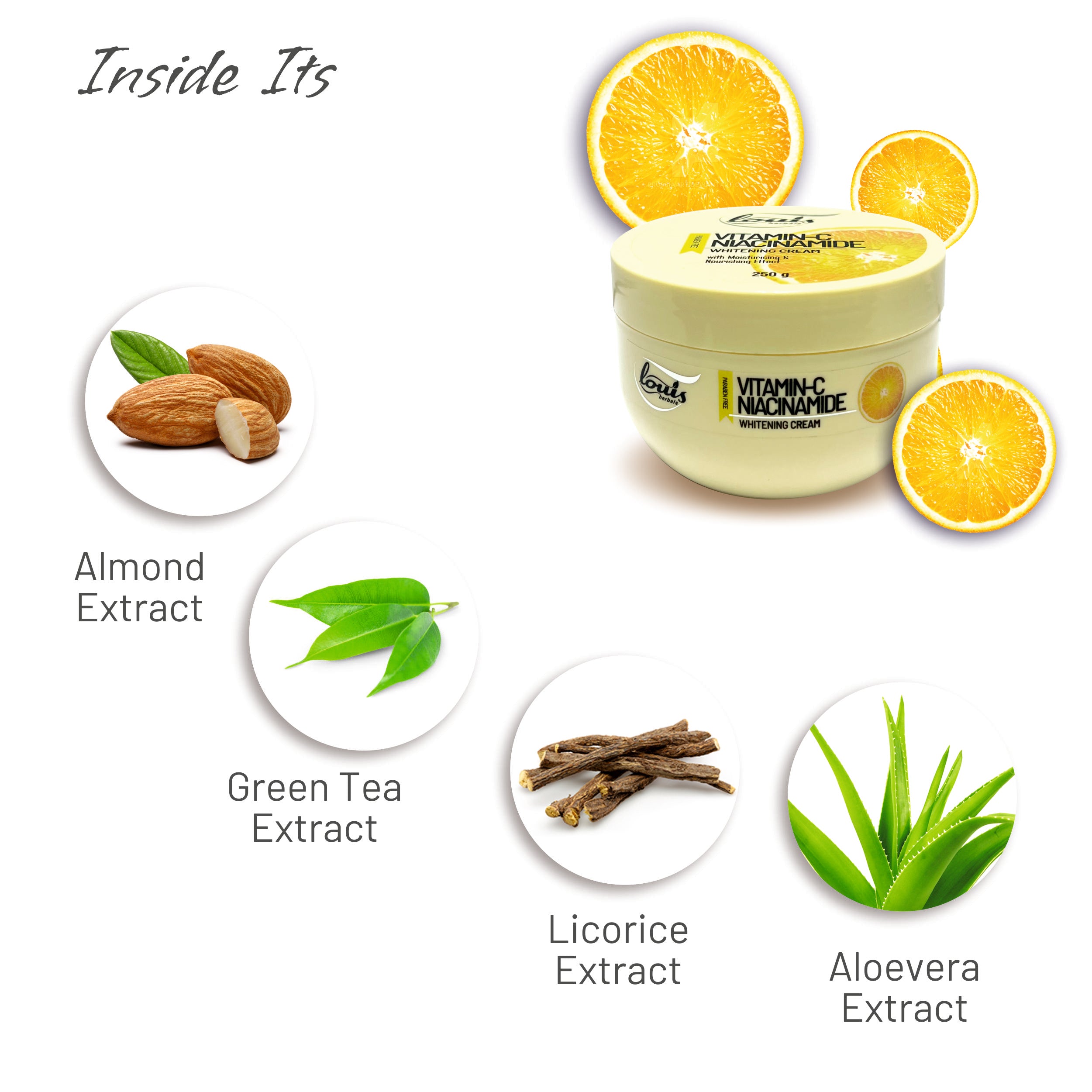 Vitamin C whitening cream with ingredients like almonds, green tea, licorice, and aloe vera