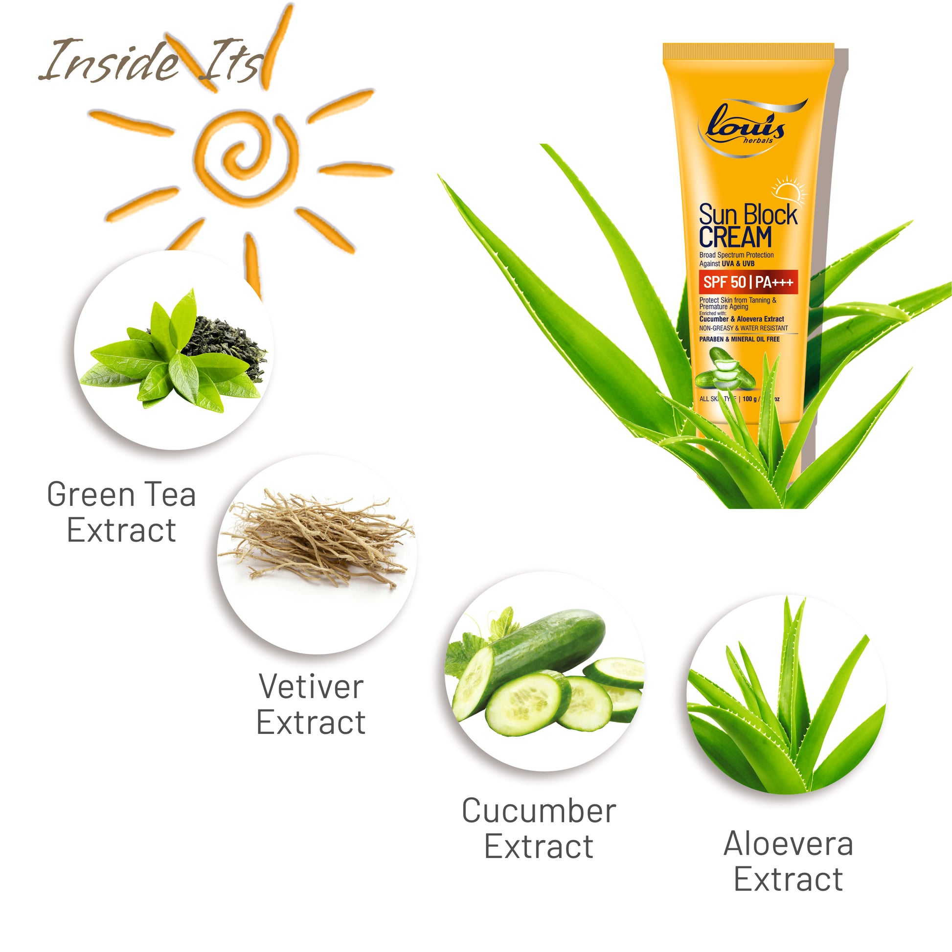 Louis Herbals Sun Block Cream SPF 50 herbal extracts green tea vetiver cucumber aloe for sun‐damage protectio