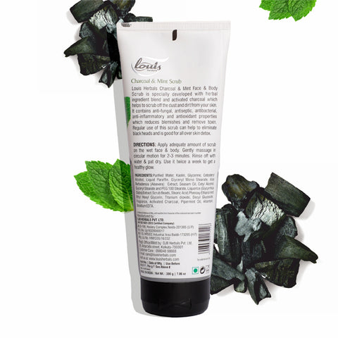 Louis Herbals Mint Charcoal Scrub packaging showcasing product details and usage instructions