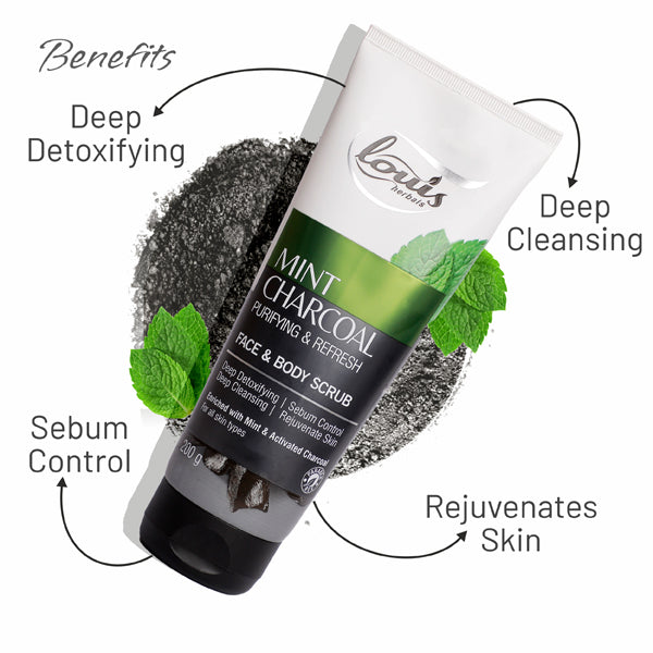 Louis Herbals Mint Charcoal Scrub reduces oiliness, blackheads removal, and glowing skin