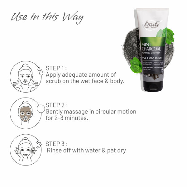 How to apply Louis Herbals Mint Charcoal Scrub: gently massage on wet face and body for exfoliation and skin rejuvenation