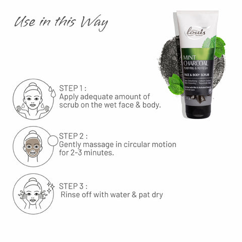 How to apply Louis Herbals Mint Charcoal Scrub: gently massage on wet face and body for exfoliation and skin rejuvenation