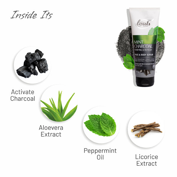 Key ingredients in Louis Herbals Mint Charcoal Scrub: activated charcoal, mint, and herbal extracts for detoxifying and refreshing skin
