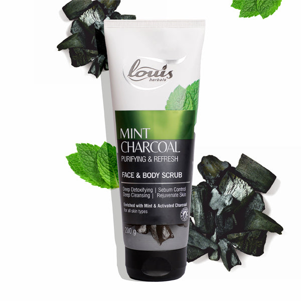 Louis Herbals Mint Charcoal Purifying & Refresh Face & Body Scrub with activated charcoal and mint for deep cleansing and refreshing skin