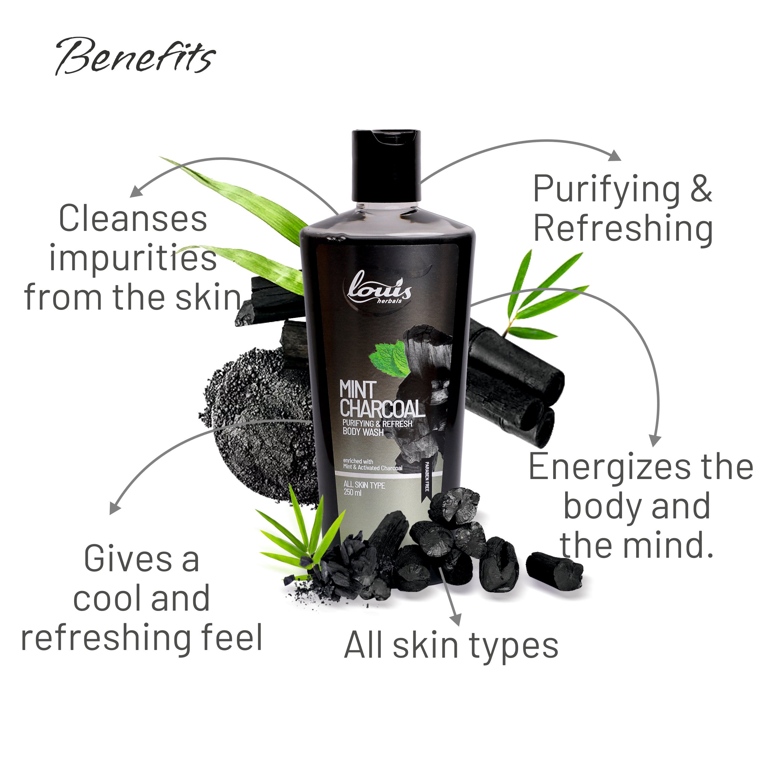 Louis Herbals detox body wash with activated charcoal and mint for smooth and purified skin