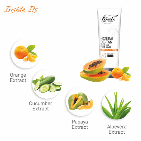 Louis Natural De-Tan Anti Tan Face Mask with ingredients like orange, cucumber, papaya, and aloe vera For De-Tan And Glowing Skin
