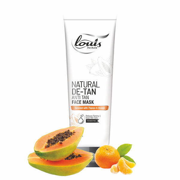 Louis Herbals Natural De-Tan Anti Tan Face Mask packaging with papaya and orange
