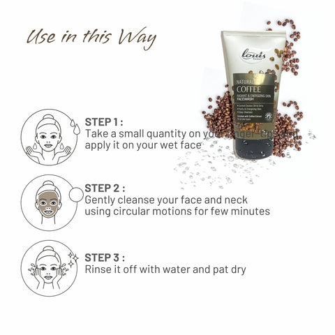 How to use Louis Herbals Natural Coffee Radiant & Energizing Face Wash: apply on wet face, gently massage, rinse off to energize and refresh skin
