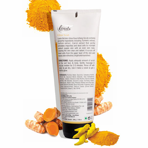 Louis Herbals Ubtan Scrub packaging showcasing product details and usage instructions