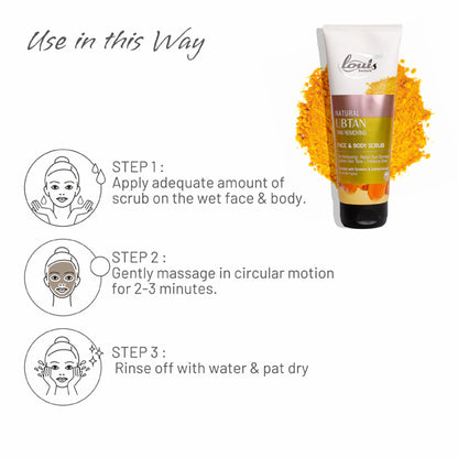 How to use Louis Herbals Ubtan Scrub: apply on wet face and body, massage gently, rinse off for glowing skin