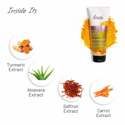 Key ingredients in Louis Herbals Ubtan Scrub: turmeric, saffron, carrot, and aloe vera extracts for skin brightening
