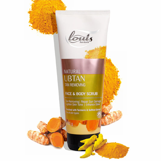 Louis Herbals Natural Ubtan Tan-Removing Face & Body Scrub with turmeric, saffron, and carrot extracts for radiant skin