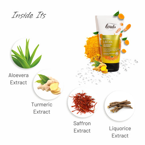 Louis Herbals Natural Ubtan Tan Removing Face Wash key ingredients turmeric extract, aloe vera extract, carrot extract and saffron for repairing sun-damage