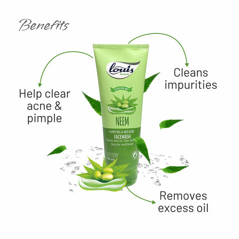 Neem Purifying & Anti-Acne Face Wash benefits – helps clear acne and pimples, removes excess oil, deeply cleanses pores