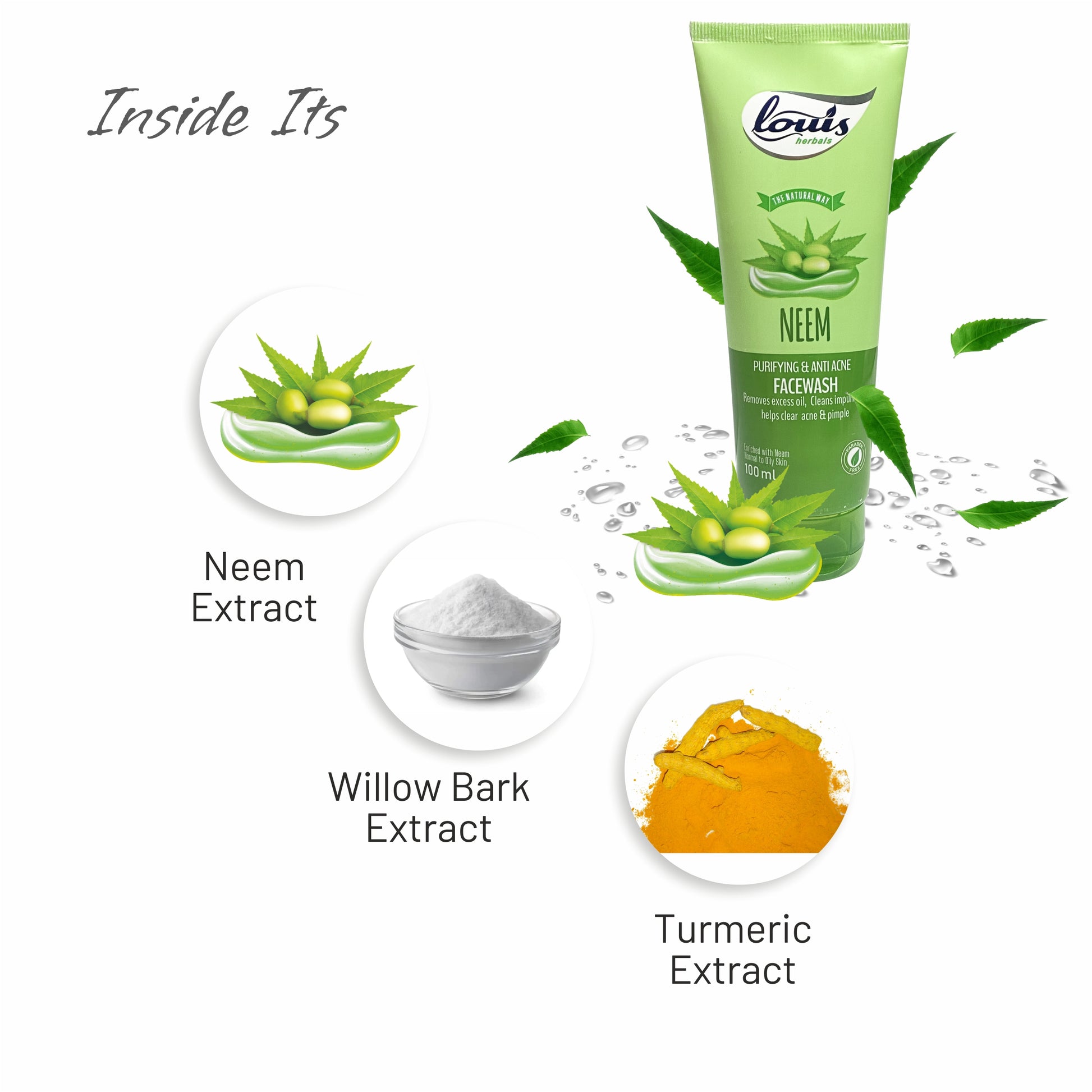 Key ingredients of Neem Purifying & Anti-Acne Face Wash – neem extract, turmeric extract, willow bark extract, soap-free formula