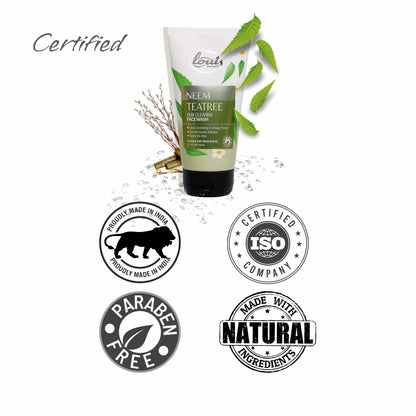 Certification and claims of Neem Tea Tree Face Wash – soap-free formula, suitable for oily and acne-prone skin, dermatologically tested