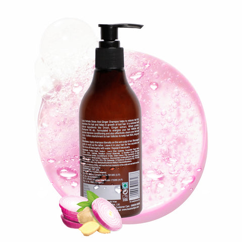 Louis Herbals Onion Ginger Hairfall Control Shampoo back label showing ingredient list, usage instructions and hair strengthening claims
