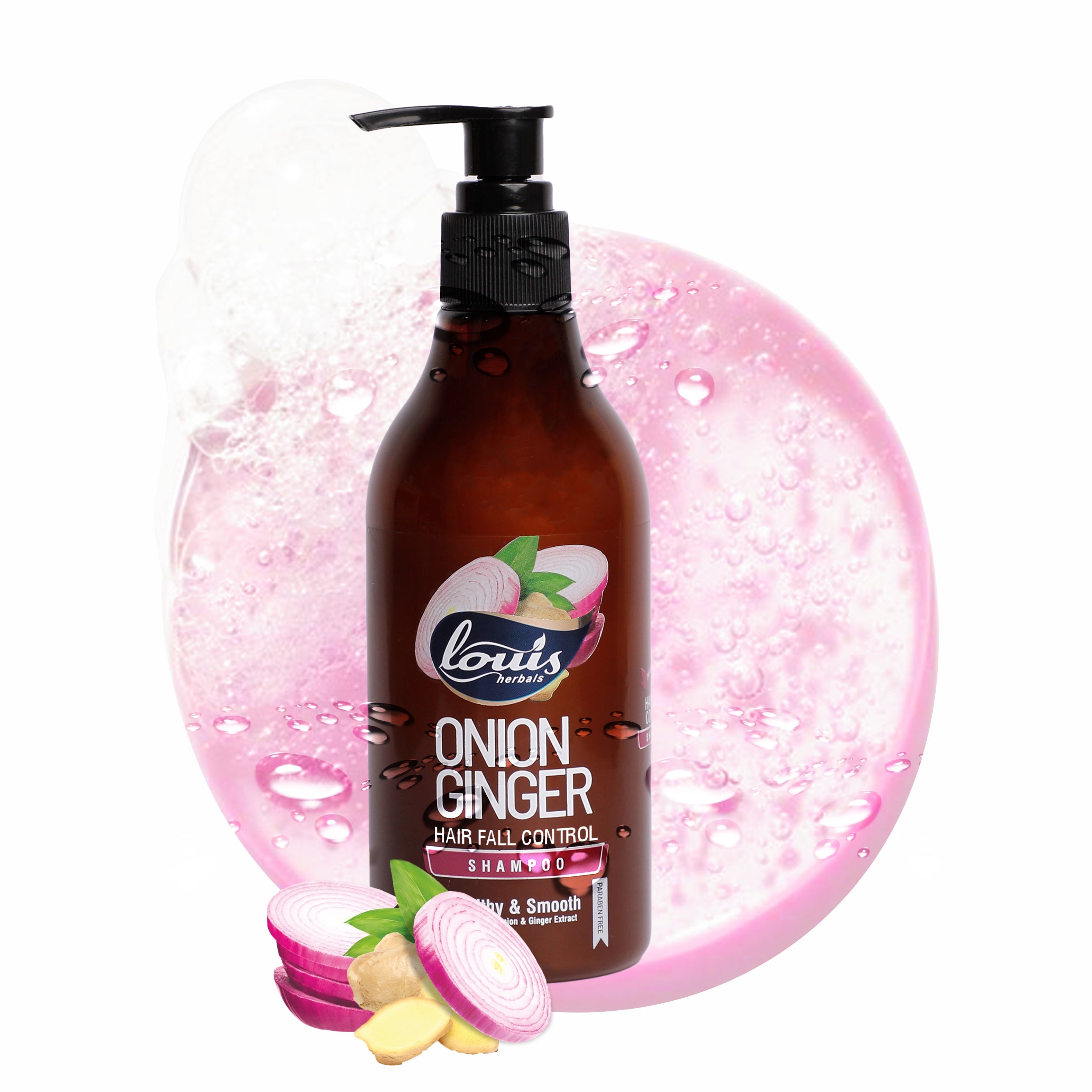 Louis Herbals Onion Ginger Hairfall Control Shampoo enriched with onion extract, ginger extract, wheat protein & provitamin B5 for hair fall reduction