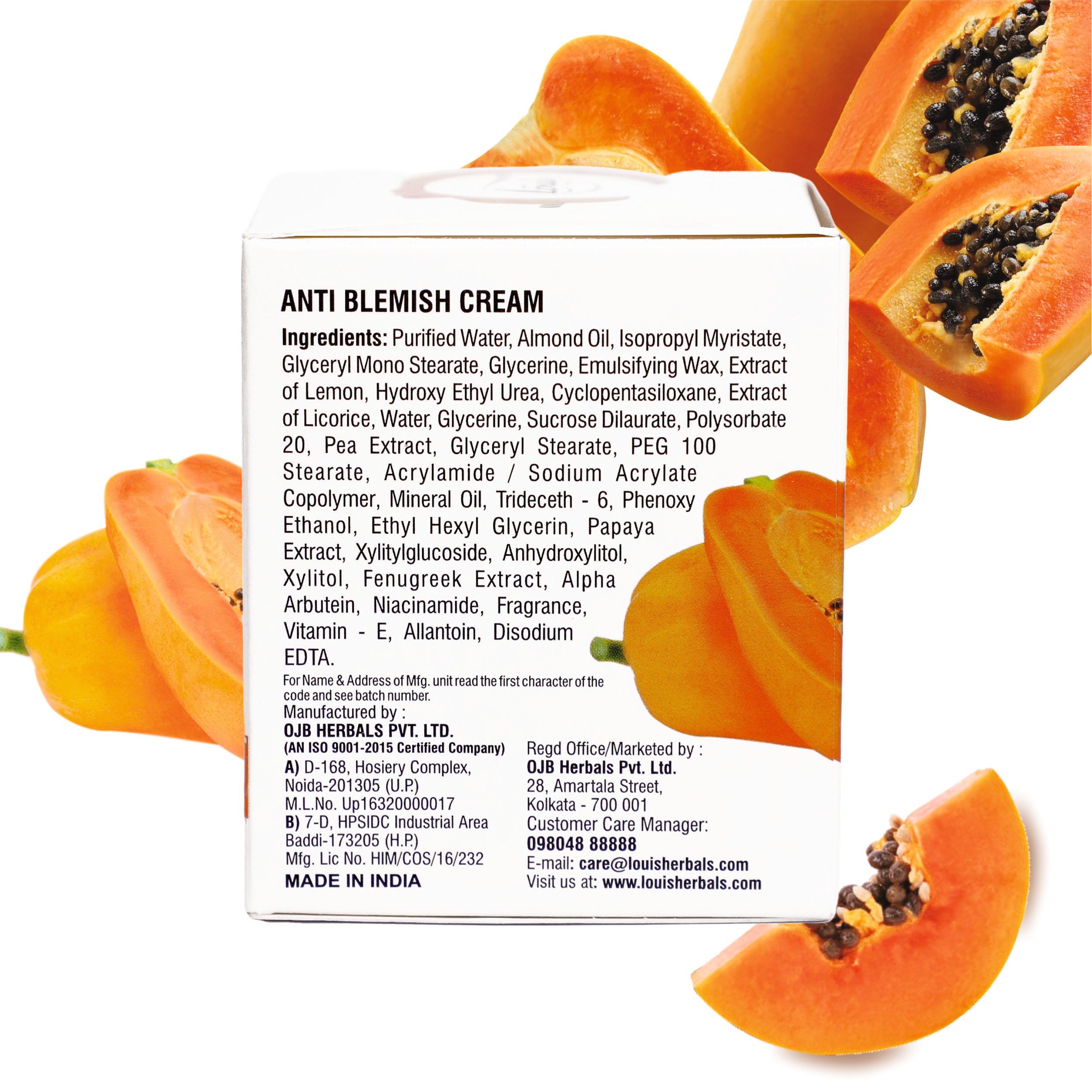 Louis Herbals Papaya Anti-Blemish Cream packaging displaying product details and usage instructions