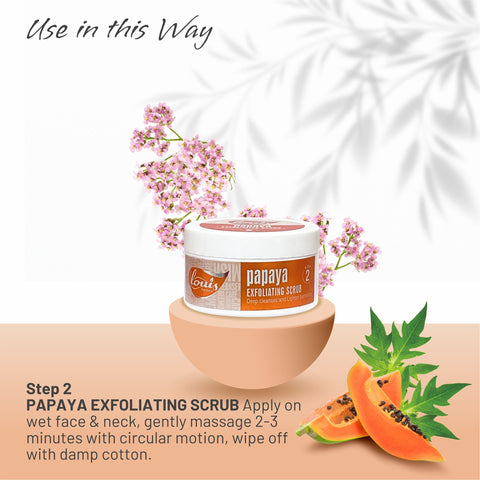 Louis Herbals Papaya Exfoliating Scrub with papaya enzymes to remove dead skin cells and lighten dark spots