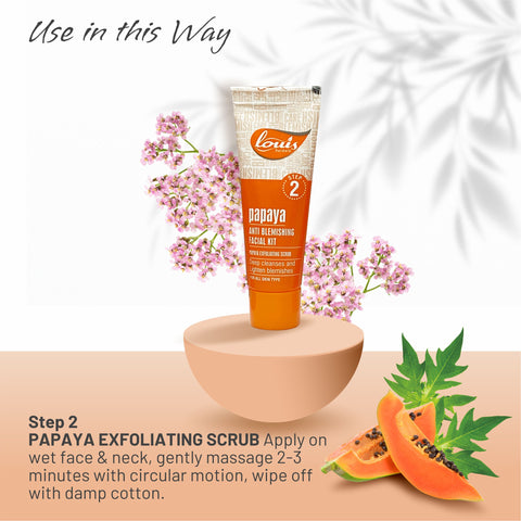 Louis Herbals Papaya Exfoliating Scrub with papaya enzymes to remove dead skin cells and lighten dark spots