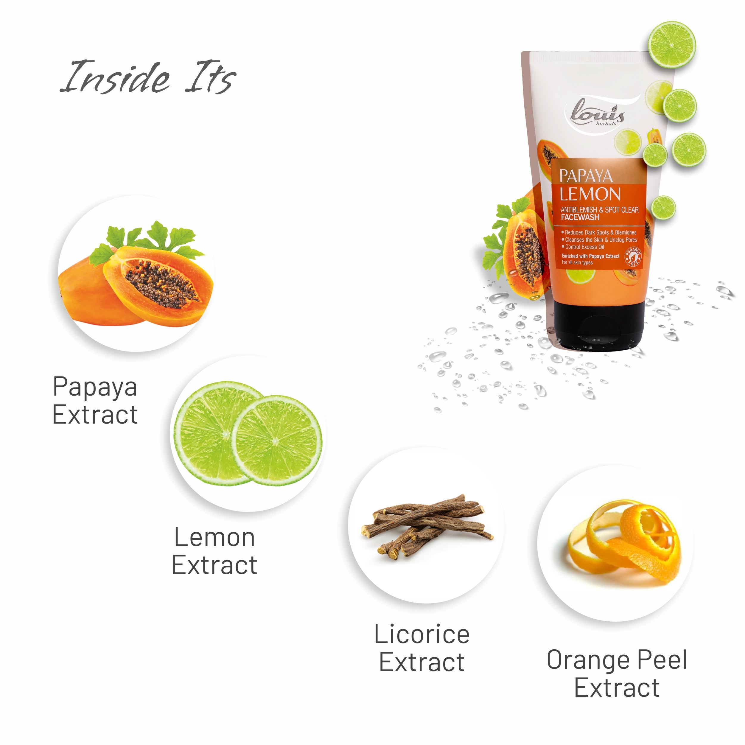 Louis Herbals Papaya Lemon Anti-Blemish Spot Clear Face Wash enriched with papaya extract, lemon extract, and orange peel extract for deep pore cleansing and blemish reduction