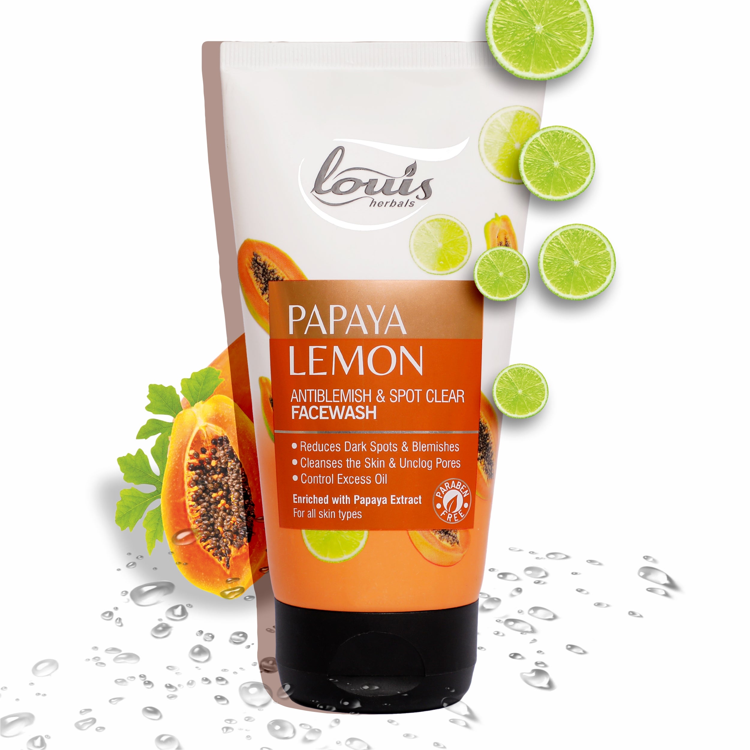 Louis Herbals Papaya Lemon Anti-Blemish Spot Clear Face Wash with papaya and lemon extracts to remove impurities, reduce blemishes, and lighten skin tone
