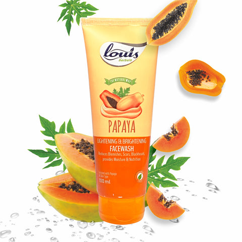 Louis Herbals Papaya Lightening & Brightening Face Wash tube featuring papaya extract for radiant skin