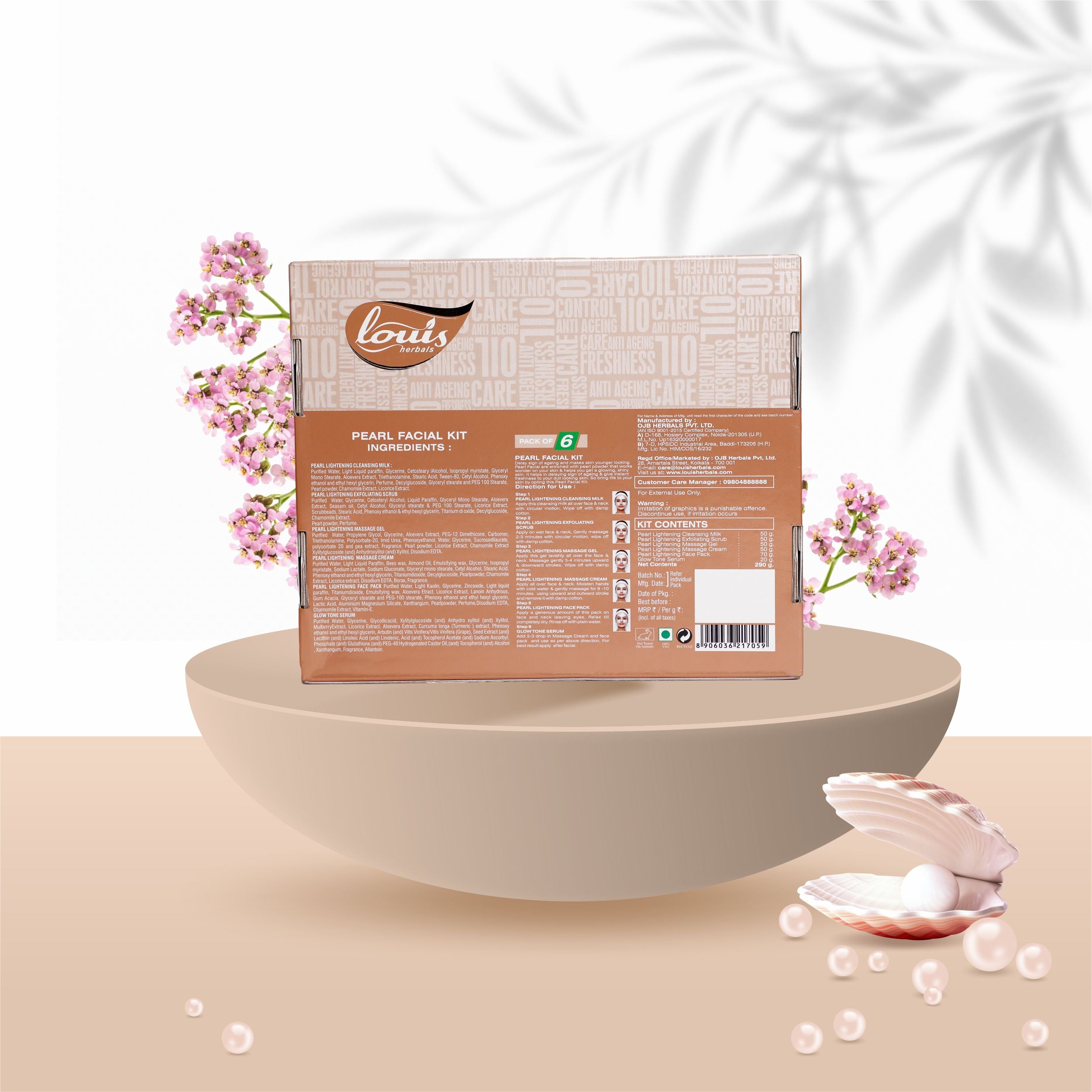 Ingredients of Louis Herbals Pearl Lightening Facial Kit – pearl powder, herbal extracts for skin rejuvenation