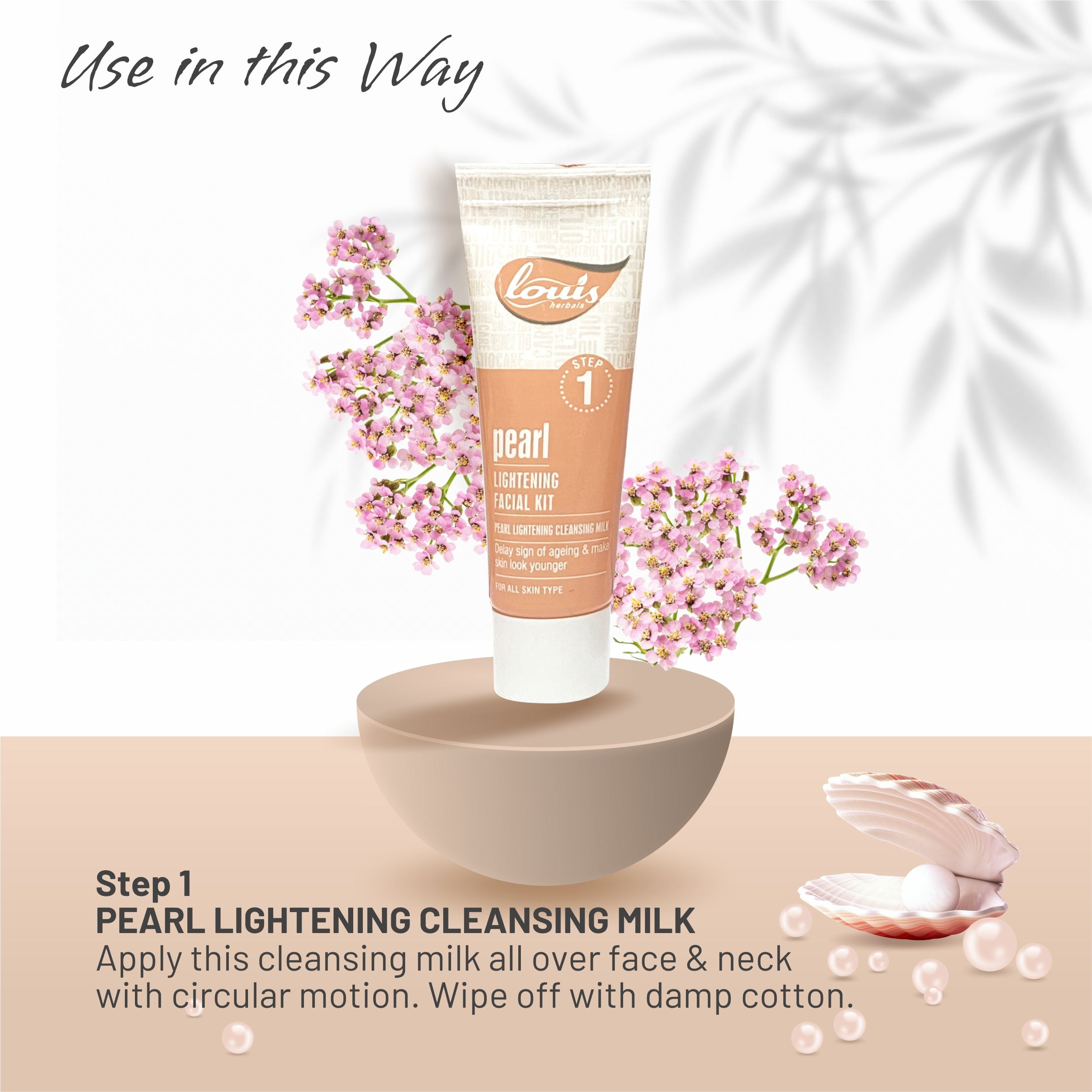 Applying Louis Herbals Pearl Lightening Cleansing Milk – gently cleanses face and neck with circular motion