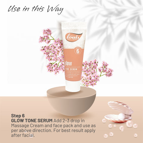 Applying Louis Herbals Glow Tone Serum – adding 2–3 drops to massage cream and face pack for extra glow