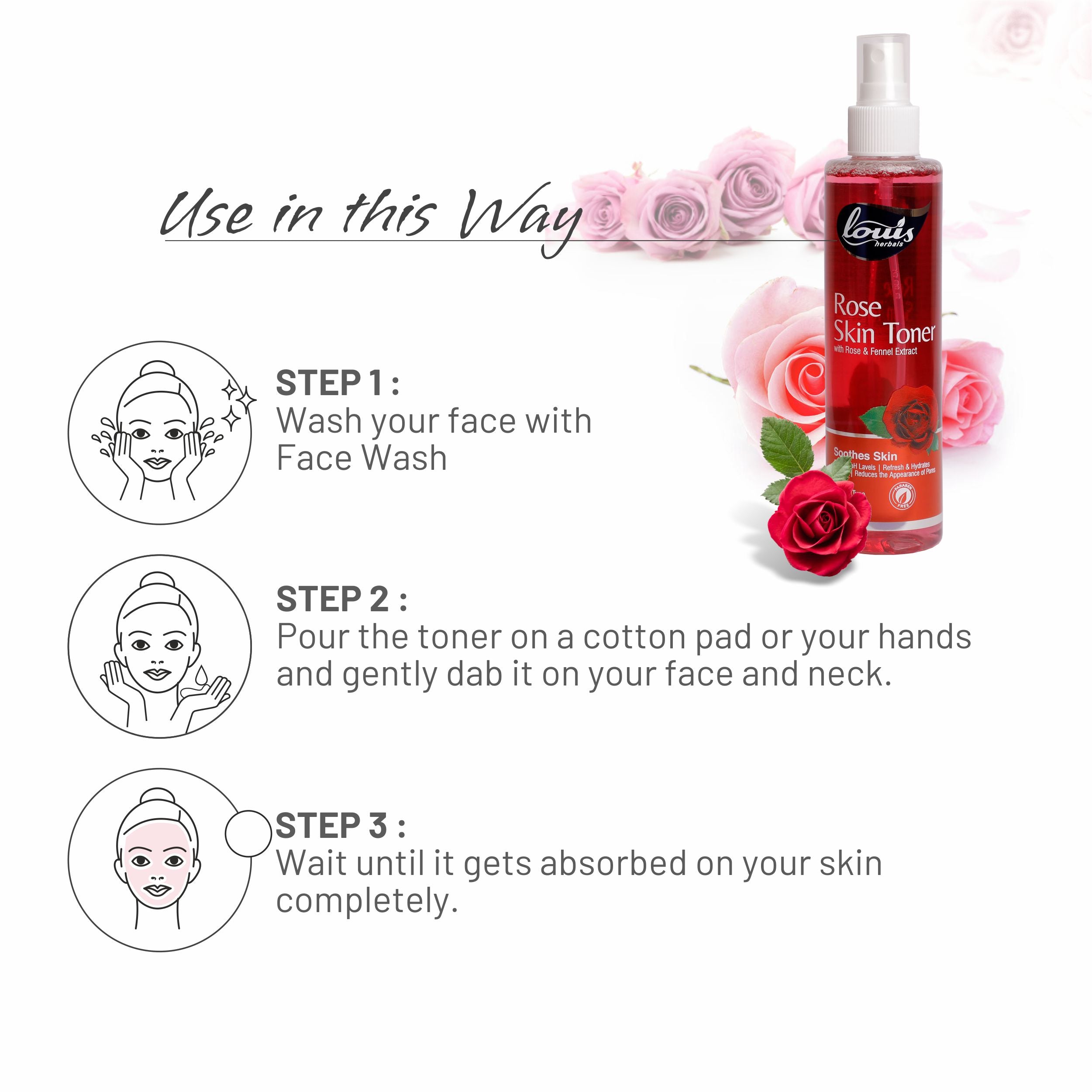 How to use Louis Herbals Rose Skin Toner: apply after cleansing to tone, hydrate and refresh skin