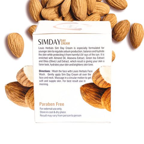 Louis Herbals Simday Day Cream packaging displaying product details and usage instructions