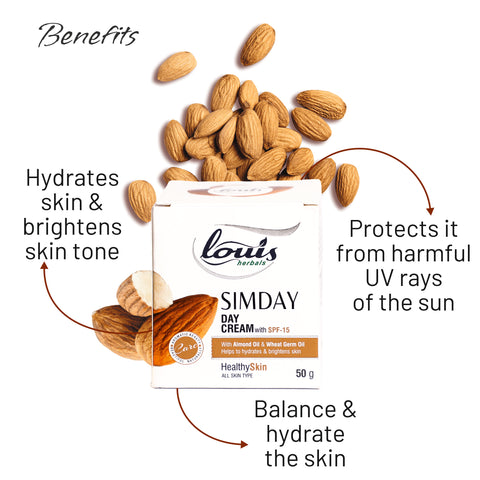 Benefits of using Louis Herbals Simday Day Cream: protects skin from harmful UV rays, regulates sebum production, and brightens skin tone