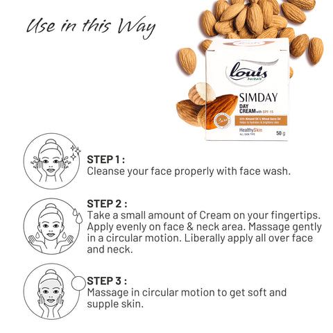 How to use Louis Herbals Simday Day Cream: apply a small amount evenly on face and neck after cleansing, every morning for best results