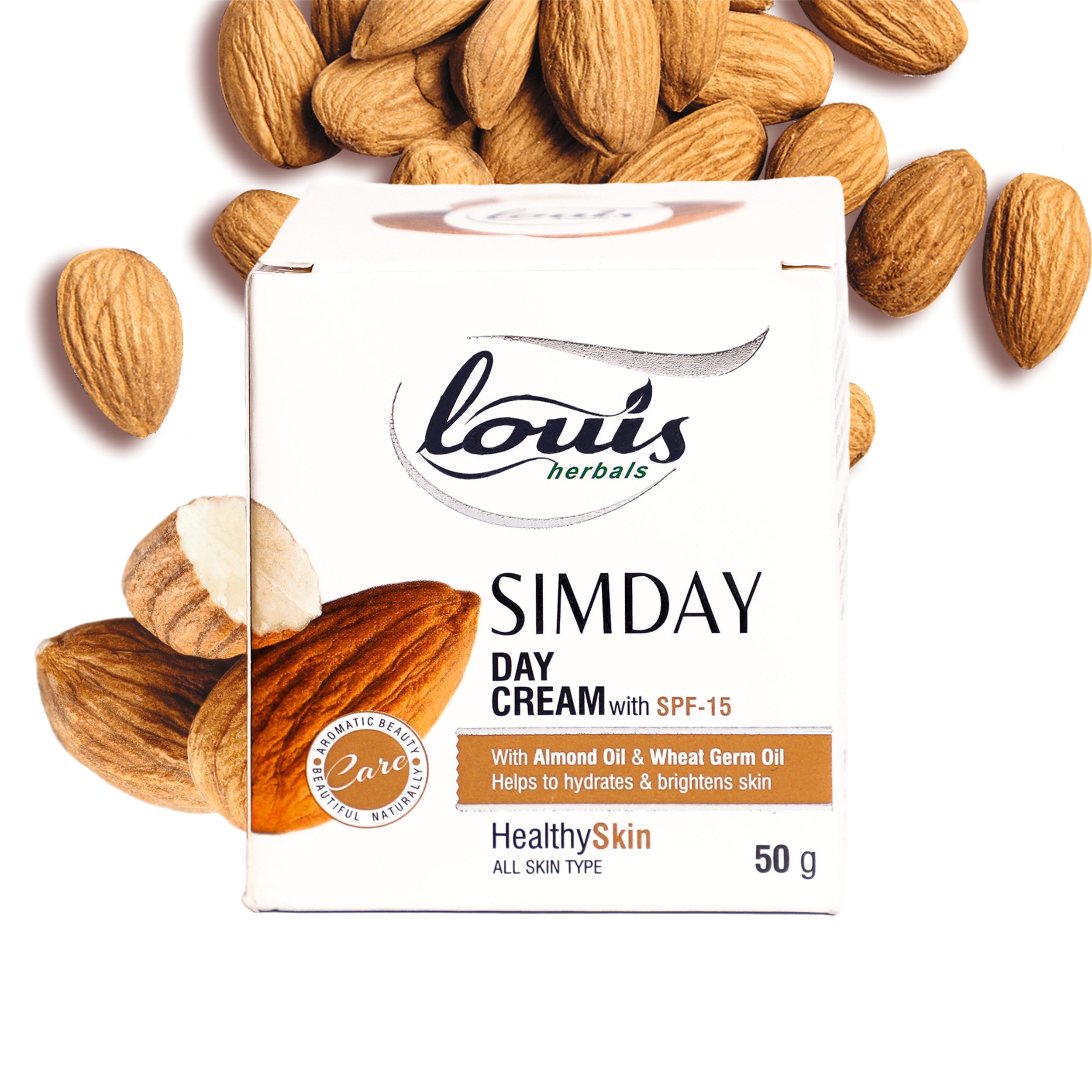Louis Herbals Simday Day Cream with SPF 15, enriched with almond oil, aloe vera extract, green tea extract, and olive leaf extract for fairer, hydrated skin