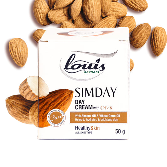 Louis Herbals Simday Day Cream with SPF 15, enriched with almond oil, aloe vera extract, green tea extract, and olive leaf extract for fairer, hydrated skin