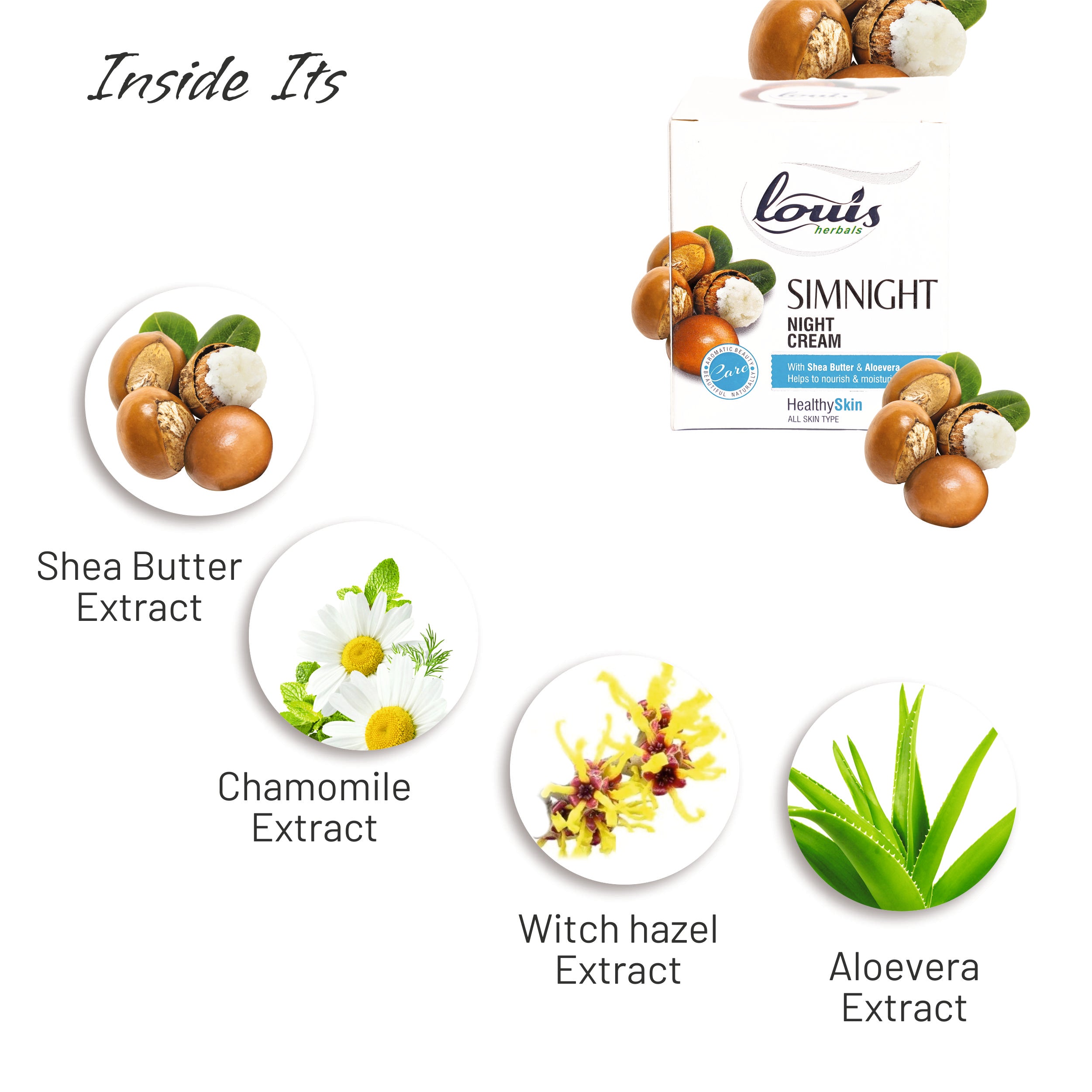Key ingredients in Louis Herbals Simnight Night Cream: wheat germ oil, aloe vera extract, chamomile extract, witch hazel extract, and vitamin E for skin rejuvenation