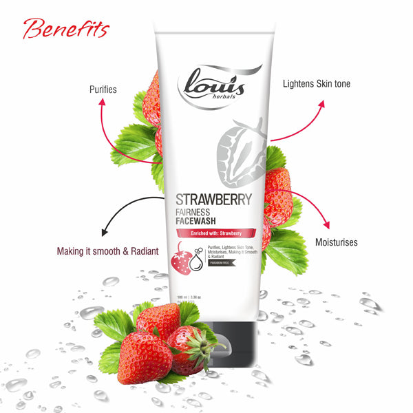 Strawberry Fairness Face Wash benefits – brightens and lightens skin tone with strawberry, licorice and mulberry extracts