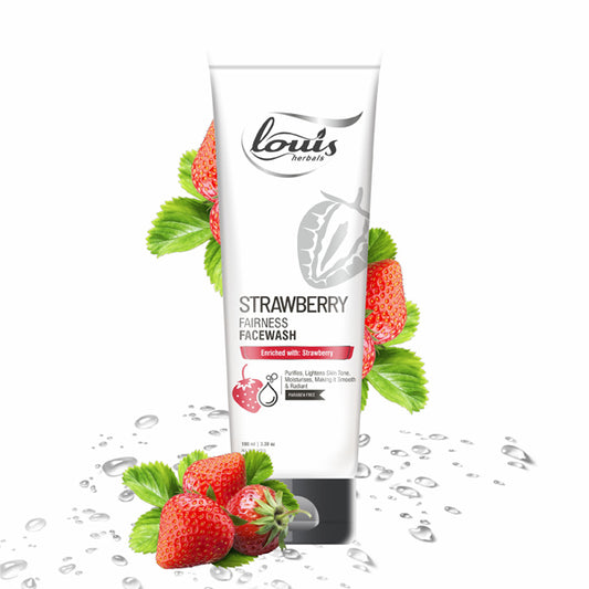 Louis Herbals Strawberry Fairness Face Wash tube with fresh strawberries and aloevera