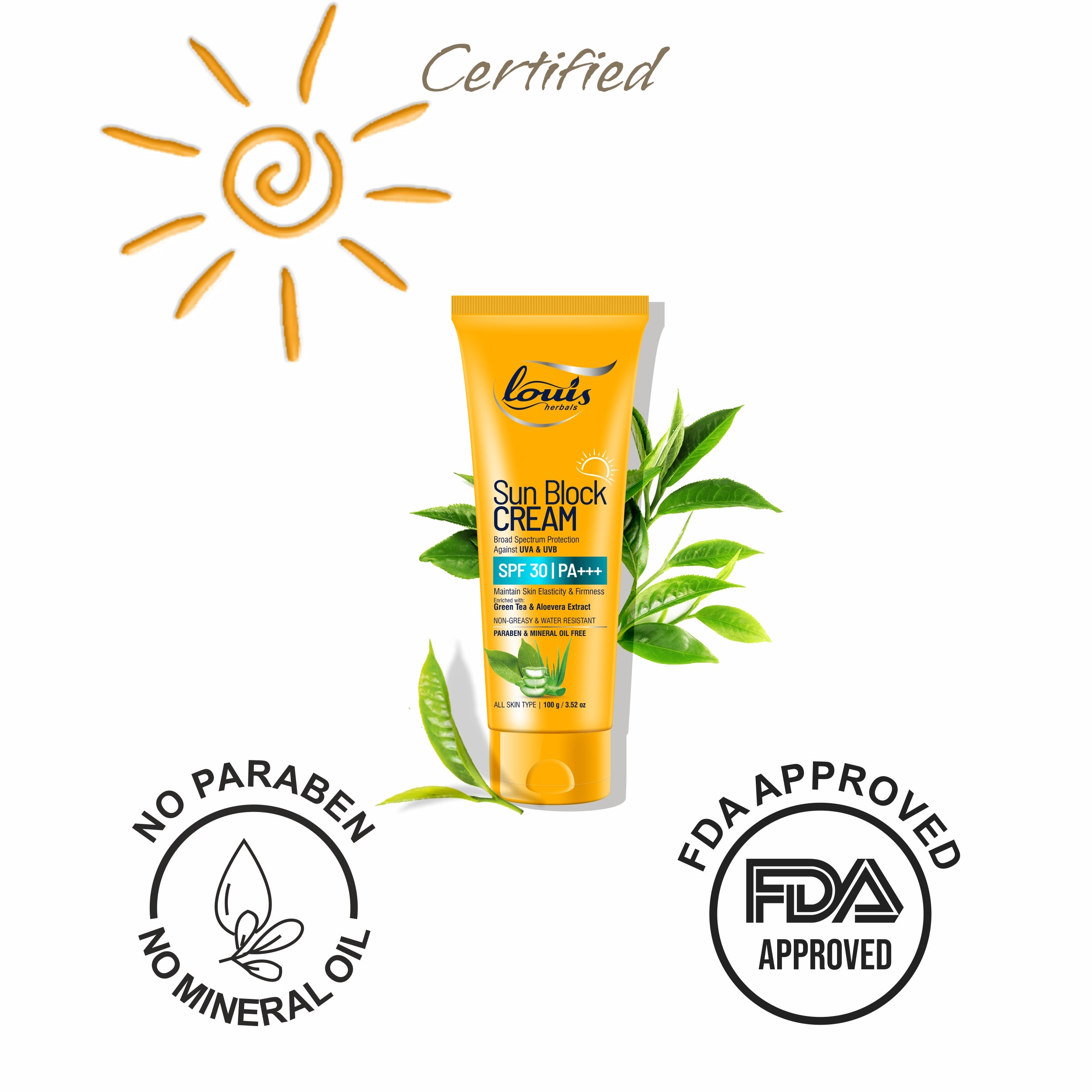 Louis Herbals Sun Block Cream SPF 30 packaging showcasing product details and certifications