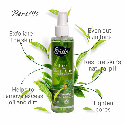 Benefits of using Louis Herbals Tea Tree Skin Toner: exfoliate skin, tighten pores, even skin tone, restore natural pH