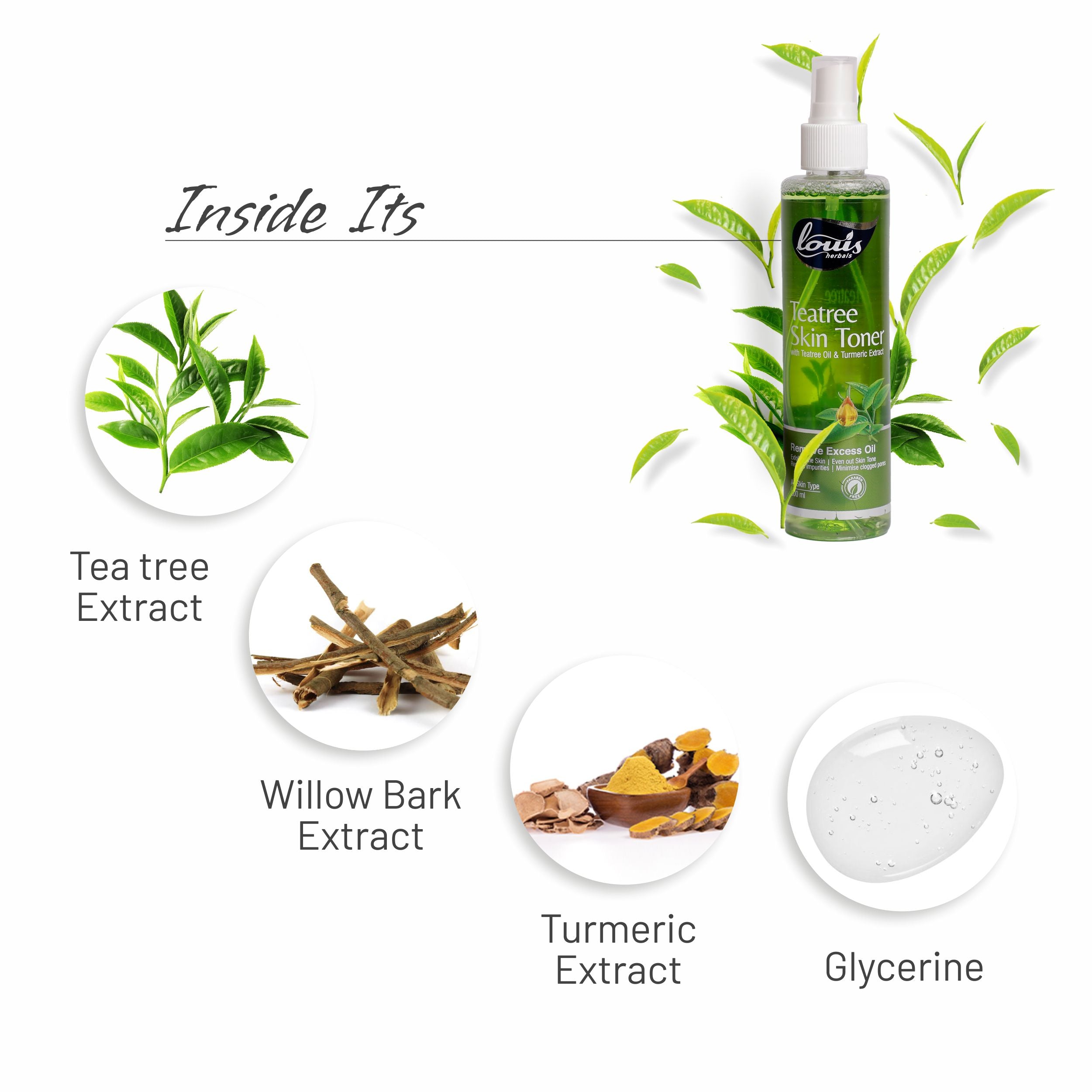 Louis Herbals Tea Tree Skin Toner key ingredients tea tree extract turmeric extract willow bark for clearer skin
