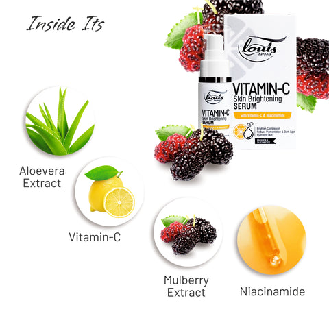 Louis Vitamin-C Skin Brightening Serum with ingredients like aloe vera, vitamin C, mulberry extract, and niacinamide.