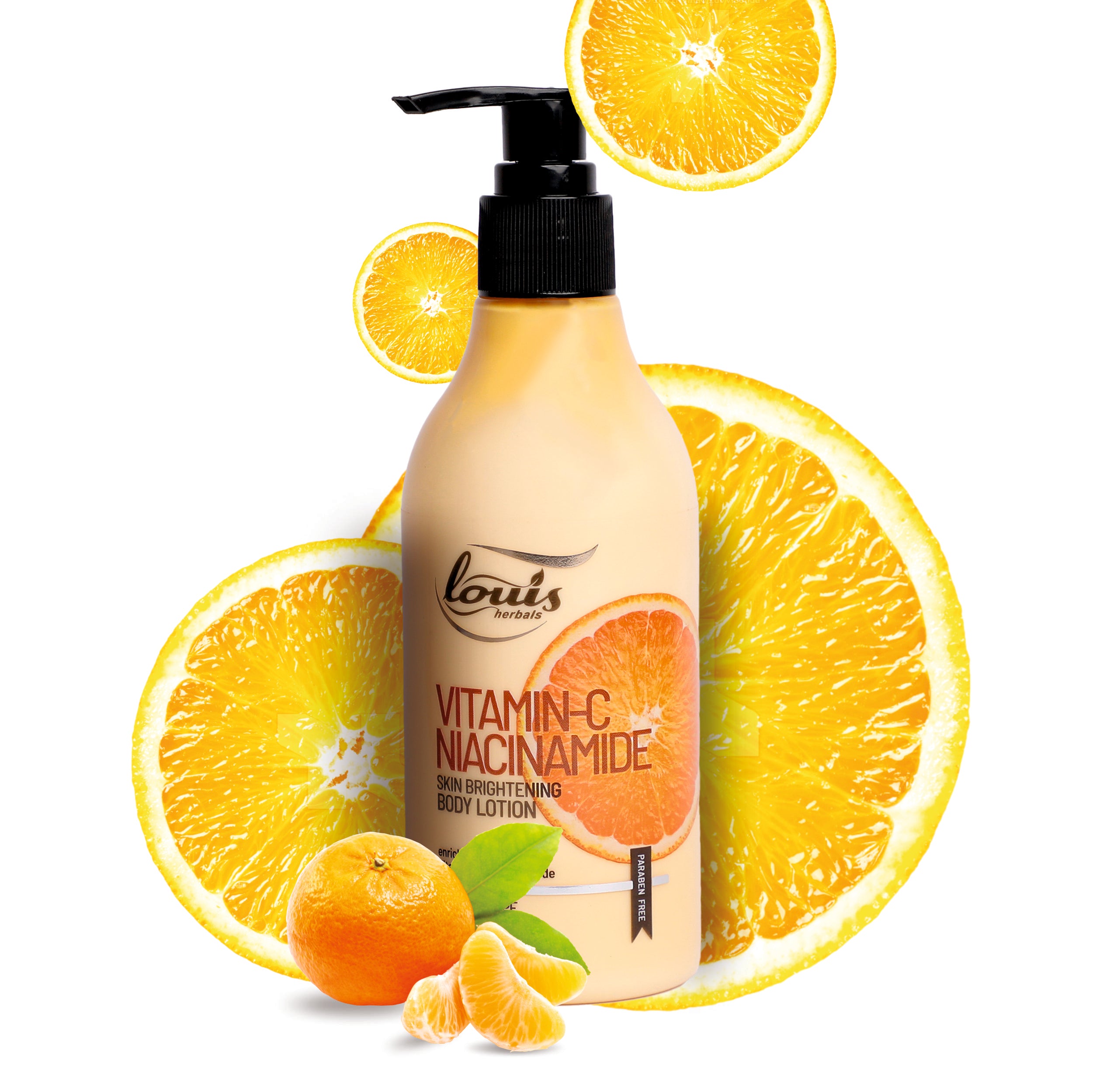 Skin Brightening Body Lotion packaging bottle – Vitamin C Niacinamide formula by Louis Herbals for body skin brightening