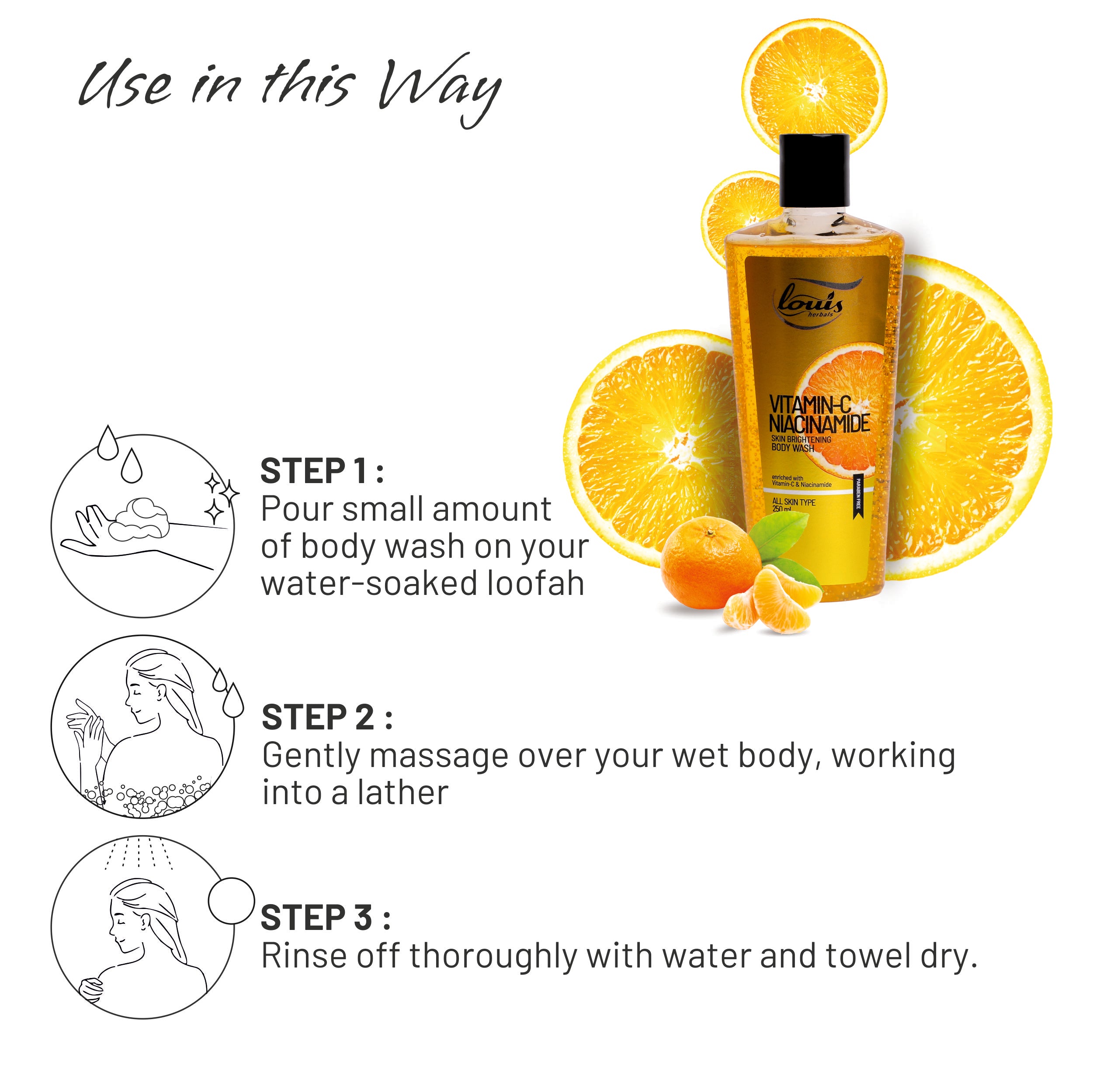 ouis Herbals Body Wash usage guide – pour, lather, massage, and rinse for refreshed glowing skin