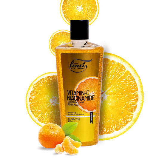 Louis Herbals Vitamin C & Niacinamide Skin Brightening Body Wash front view bottle with citrus design