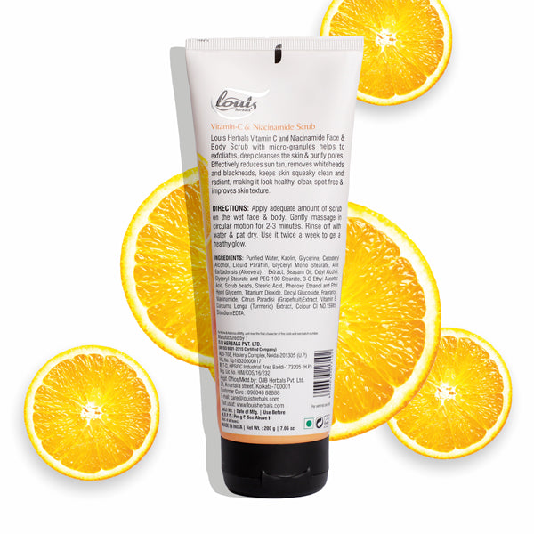 Louis Herbals Vitamin C Niacinamide Scrub packaging showcasing product details and usage instructions