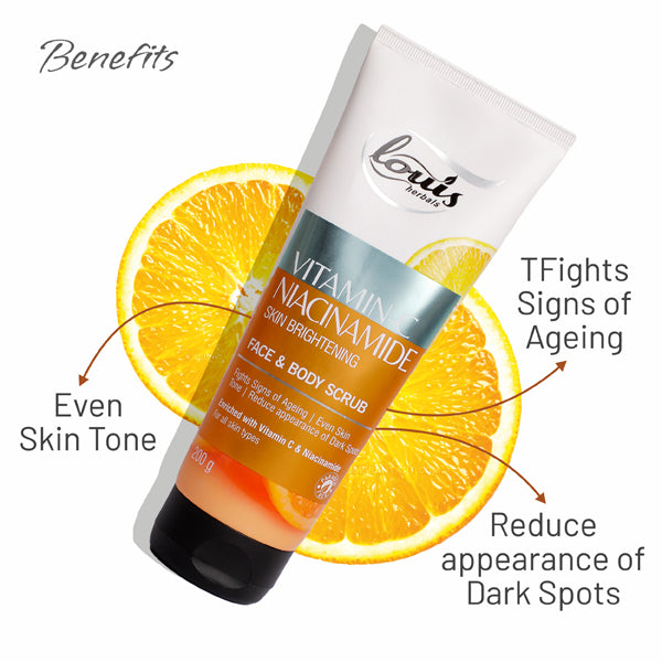 Louis Herbals Vitamin C Niacinamide Scrub showing reduced tan and brighter skin tone