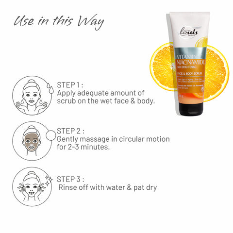 How to apply Louis Herbals Vitamin C Niacinamide Scrub: gently massage on wet face and body for radiant skin